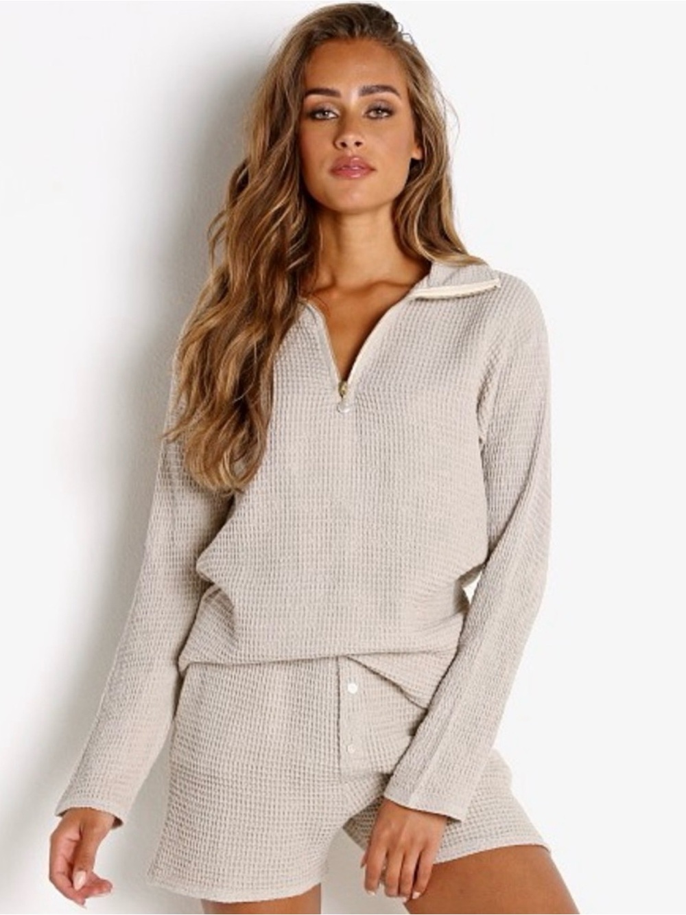 DONNI. Waffle 1/2 Zip Pullover-Stone Size S